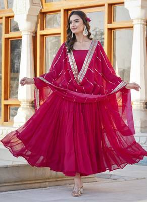 Pink georgette plain gown with dupatta 4