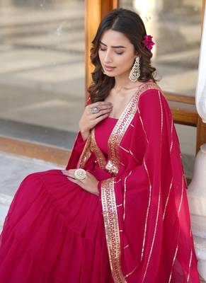 Pink georgette plain gown with dupatta 5