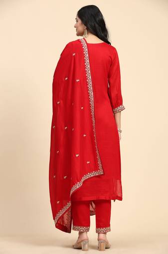  Vichitra Silk Embroidery Salwar Suit Set Kurta Pant with Dupatta Red Kurta Set for Women