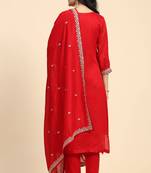  Vichitra Silk Embroidery Salwar Suit Set Kurta Pant with Dupatta Red Kurta Set for Women