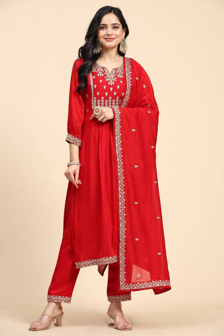  Vichitra Silk Embroidery Salwar Suit Set Kurta Pant with Dupatta Red Kurta Set for Women