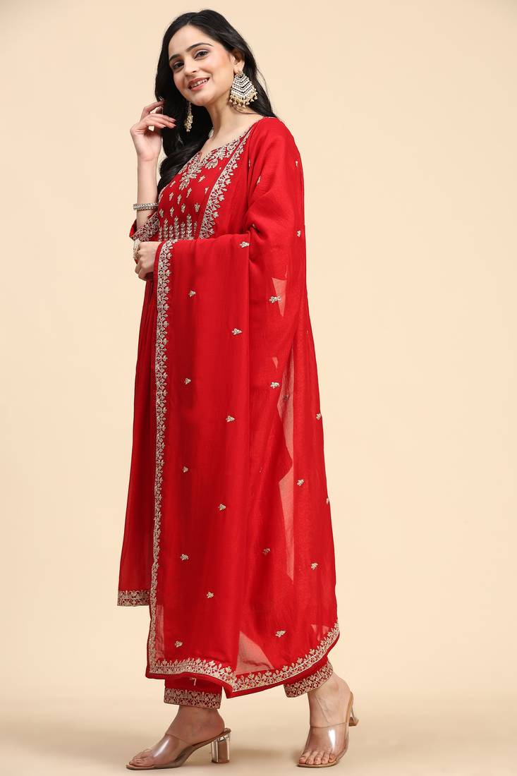  Vichitra Silk Embroidery Salwar Suit Set Kurta Pant with Dupatta Red Kurta Set for Women