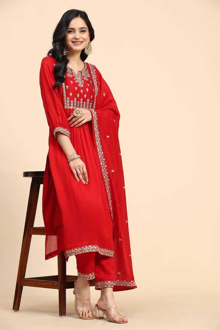  Vichitra Silk Embroidery Salwar Suit Set Kurta Pant with Dupatta Red Kurta Set for Women