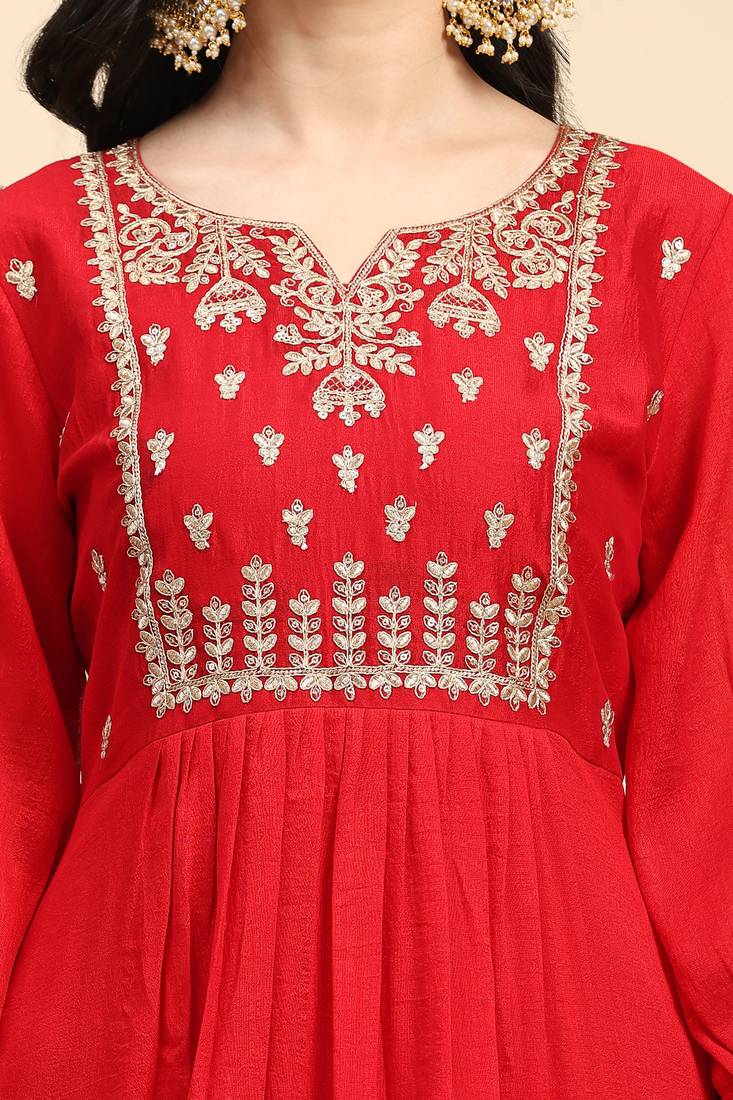  Vichitra Silk Embroidery Salwar Suit Set Kurta Pant with Dupatta Red Kurta Set for Women