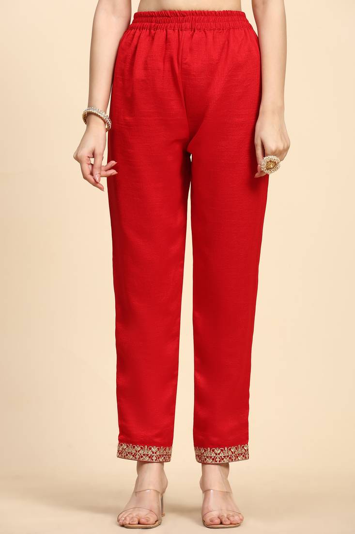  Vichitra Silk Embroidery Salwar Suit Set Kurta Pant with Dupatta Red Kurta Set for Women