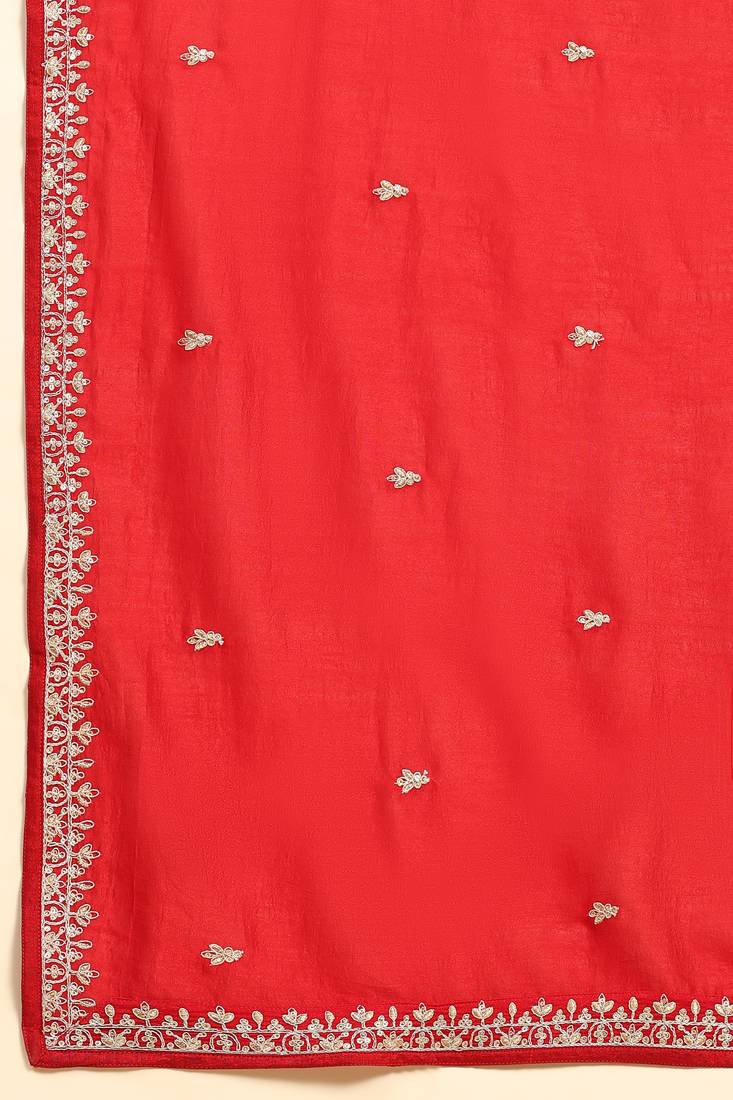  Vichitra Silk Embroidery Salwar Suit Set Kurta Pant with Dupatta Red Kurta Set for Women