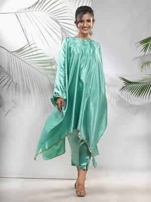 Mint green solid kaftan & straight pant set with sequins 1