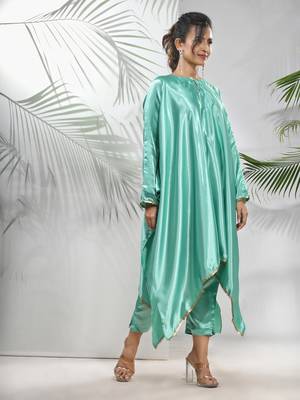 Mint green solid kaftan & straight pant set with sequins 2