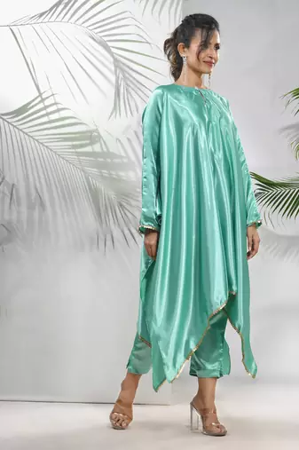 Mint green solid kaftan & straight pant set with sequins
