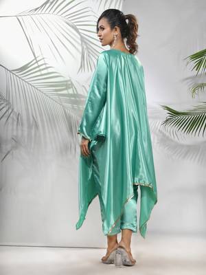 Mint green solid kaftan & straight pant set with sequins 3