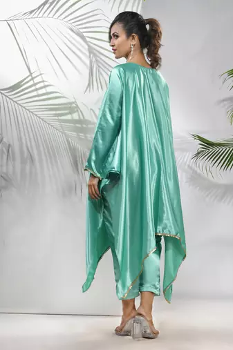 Mint green solid kaftan & straight pant set with sequins