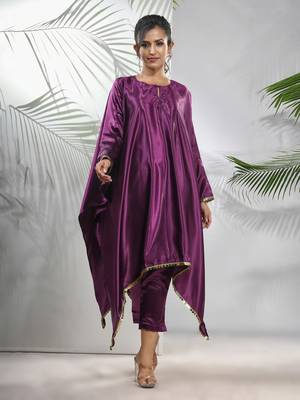 Purple solid kaftan & straight pant set with sequins 1