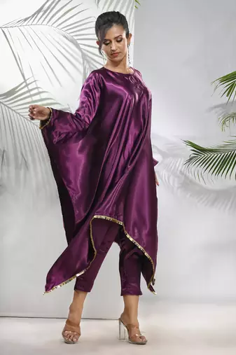 Purple solid kaftan & straight pant set with sequins