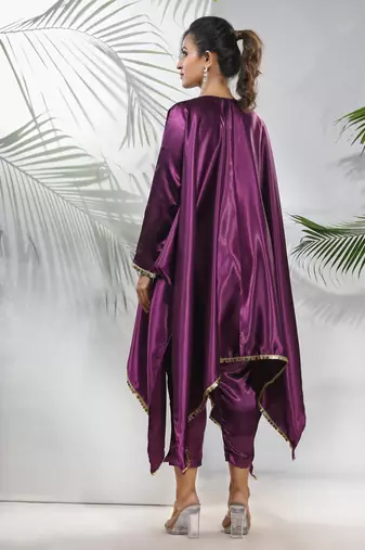 Purple solid kaftan & straight pant set with sequins