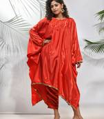 Red solid kaftan & straight pant set with sequins