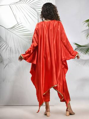 Red solid kaftan & straight pant set with sequins 3