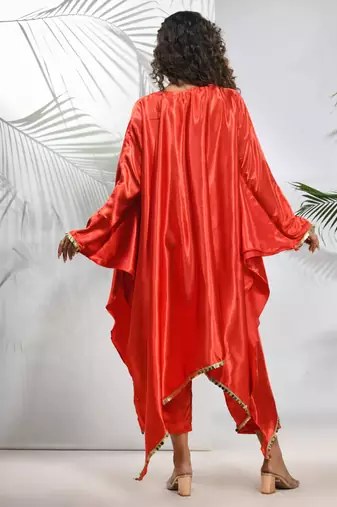 Red solid kaftan & straight pant set with sequins