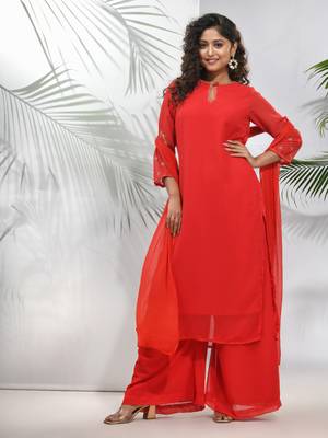Red georgette suit set with beads work 1