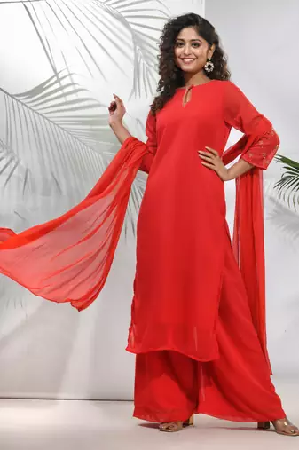 Red georgette suit set with beads work