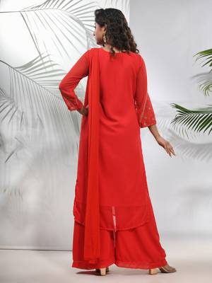 Red georgette suit set with beads work 3