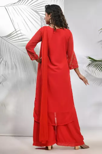 Red georgette suit set with beads work