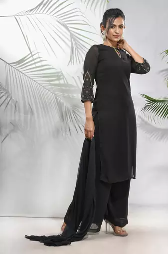Black georgette suit set with beads work