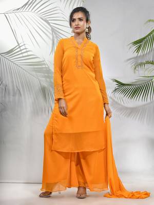 Yellow georgette suit set with beads work 1