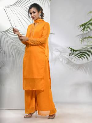 Yellow georgette suit set with beads work 2