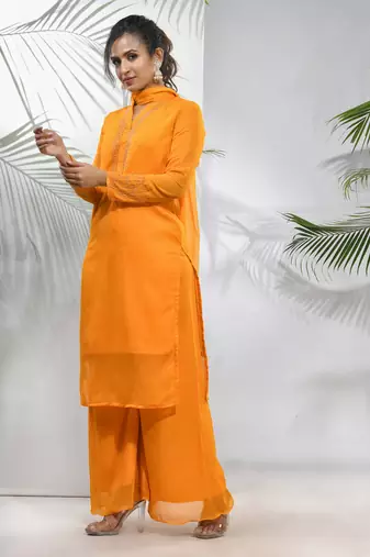 Yellow georgette suit set with beads work