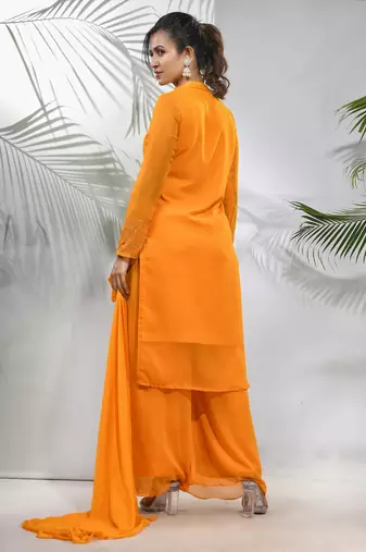 Yellow georgette suit set with beads work