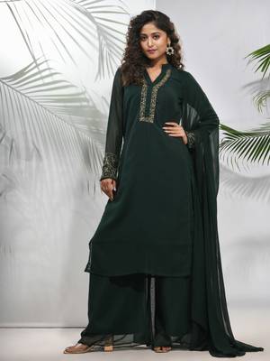 Emerald green georgette suit set with beads work 1
