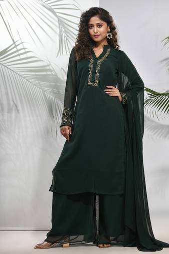 Emerald green georgette suit set with beads work