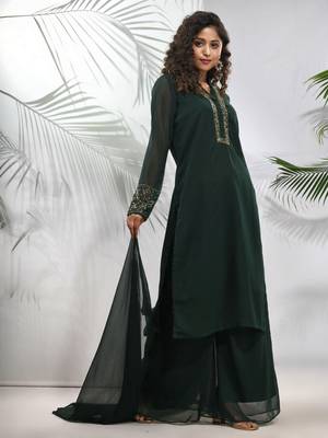 Emerald green georgette suit set with beads work 2