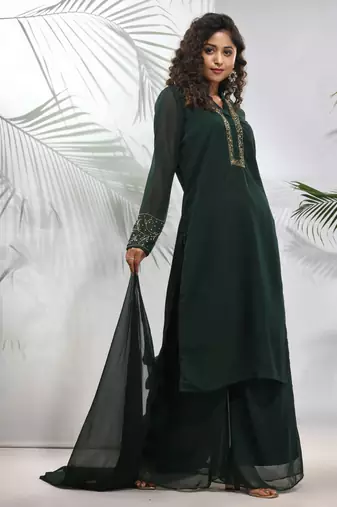 Emerald green georgette suit set with beads work