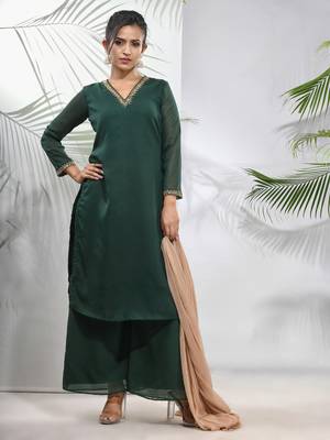 Emerald green georgette suit set with beads work 1