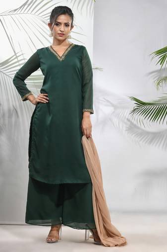 Emerald green georgette suit set with beads work