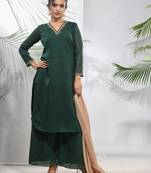 Emerald green georgette suit set with beads work