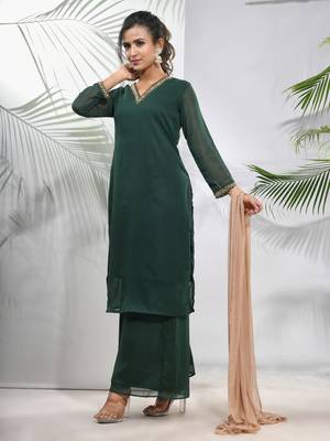 Emerald green georgette suit set with beads work 2