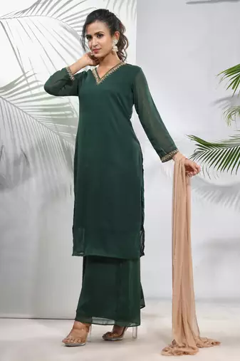 Emerald green georgette suit set with beads work