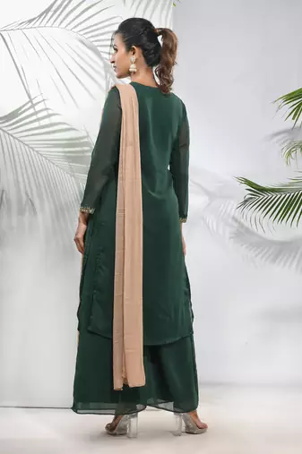 Emerald green georgette suit set with beads work