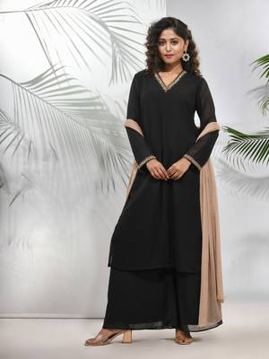 Black georgette suit set with beads work 1