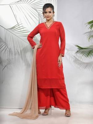 Red georgette suit set with beads work 1