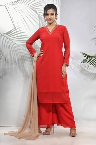 Red georgette suit set with beads work