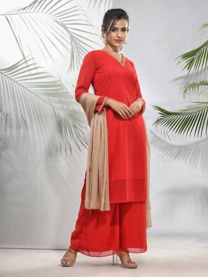 Red georgette suit set with beads work 2