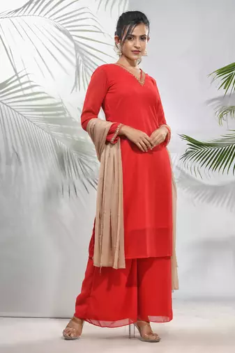 Red georgette suit set with beads work