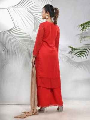 Red georgette suit set with beads work 3