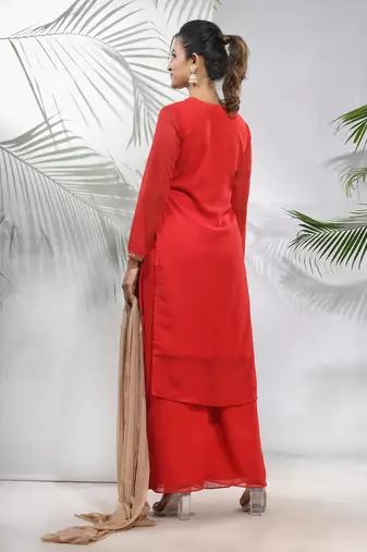 Red georgette suit set with beads work