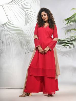 Fuchsia georgette suit set with beads work 1