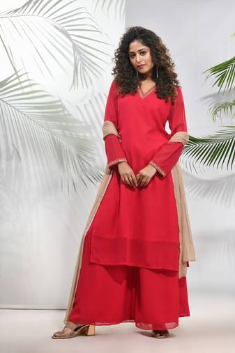 Fuchsia georgette suit set with beads work