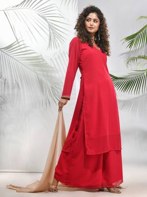 Fuchsia georgette suit set with beads work 2